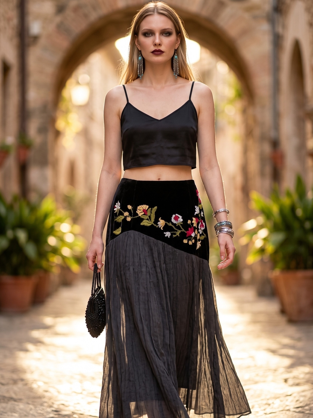Boston Proper Vintage Embroidered Velvet Silk-Blend Skirt